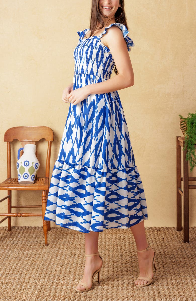 FLYING TOMATO Smocked Ruffle Strap Tiered Midi Dress, Alternate, color, Ivory Blue