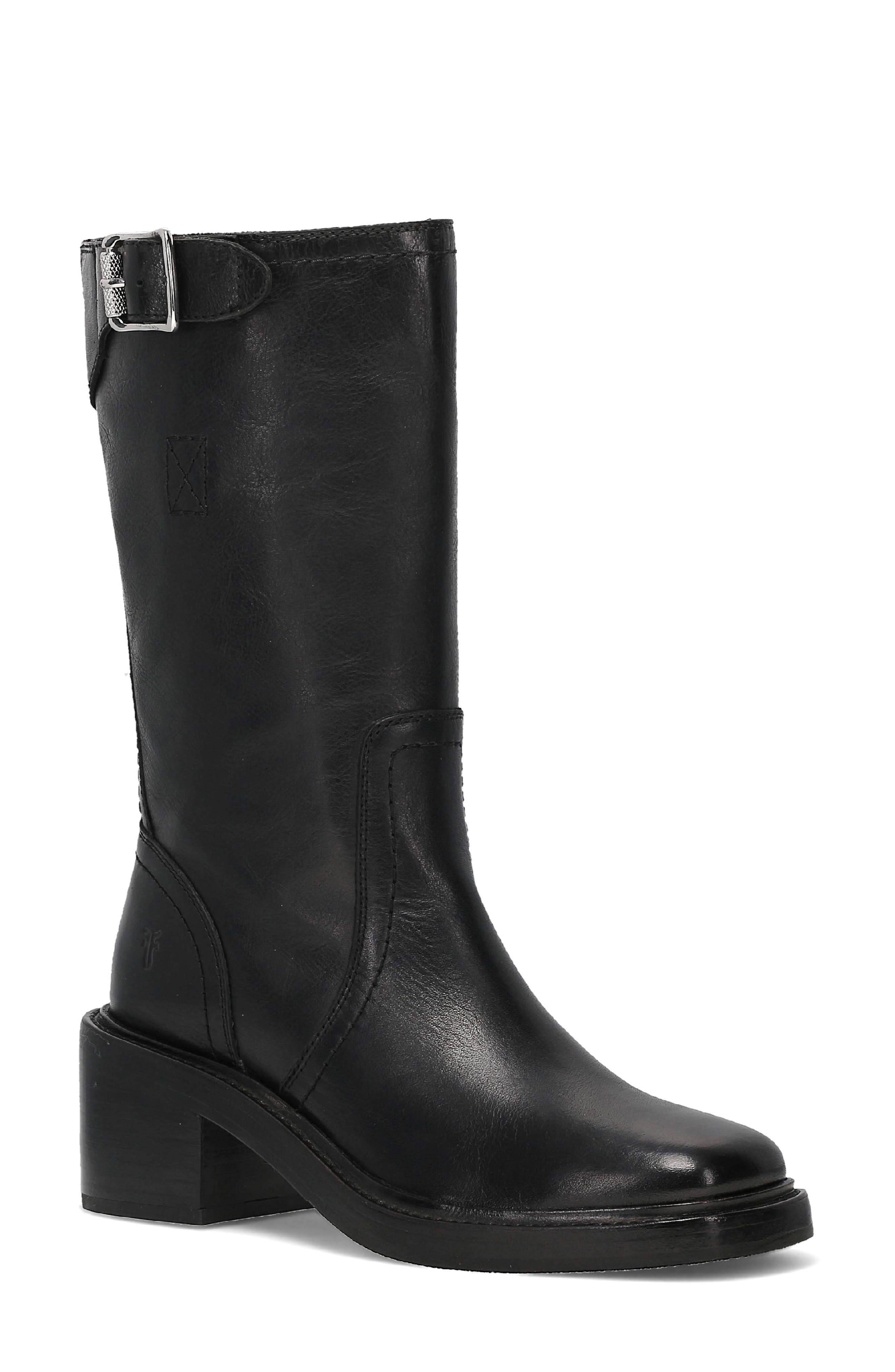 Kate Moto Mid Leather Boot, Main, color, BLACK