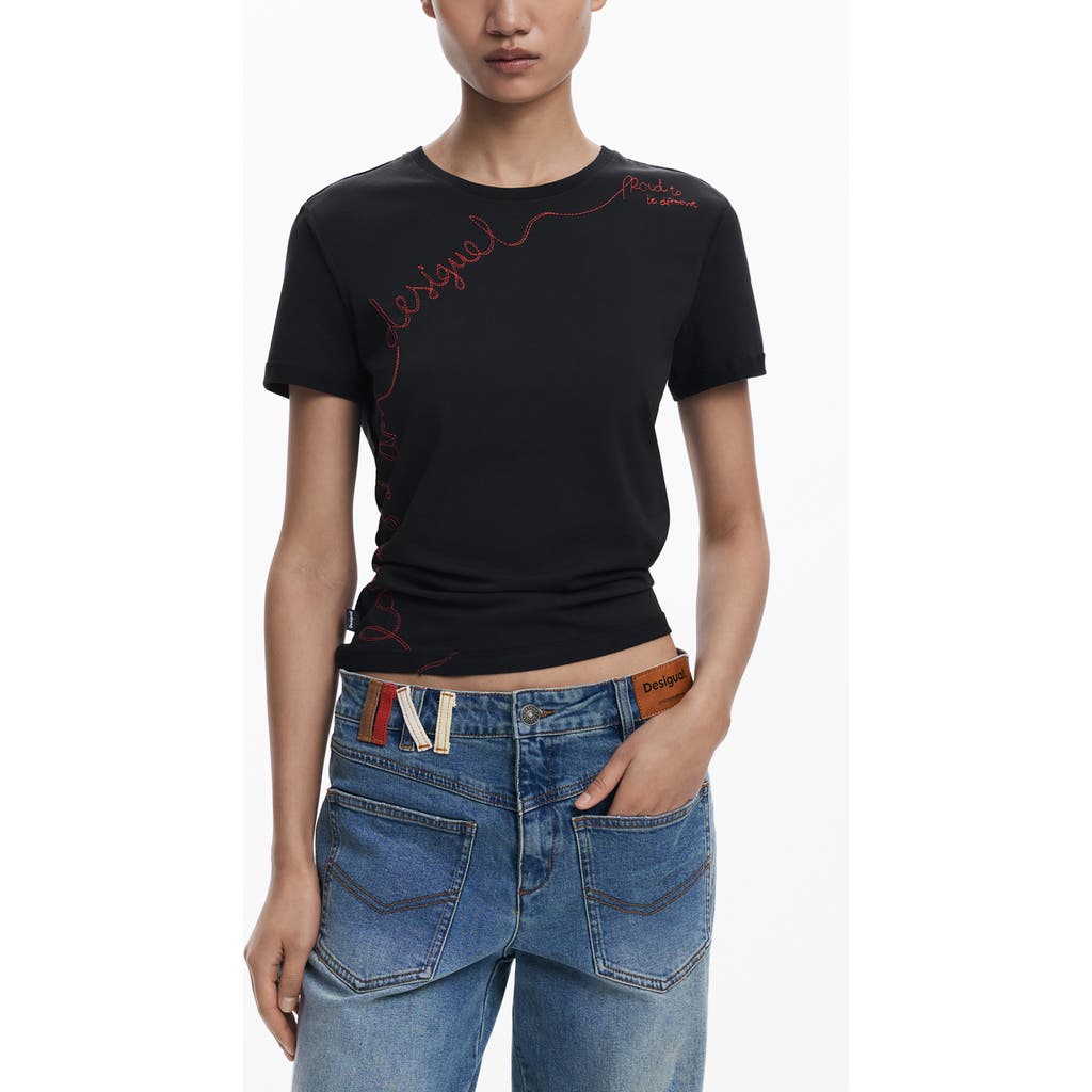Desigual Embroidered Stretch Cotton T-shirt In Black