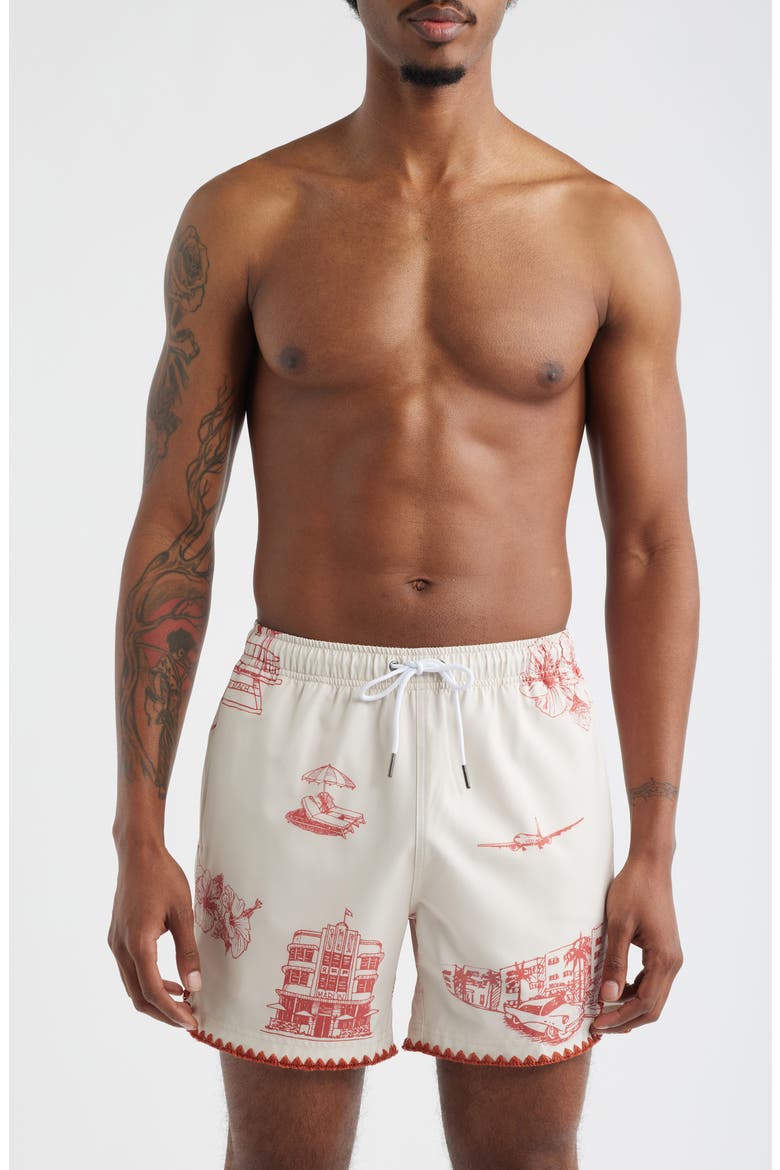 Ocean Drive Print Stitch Waterproof Swim Trunks, Main, color, RED