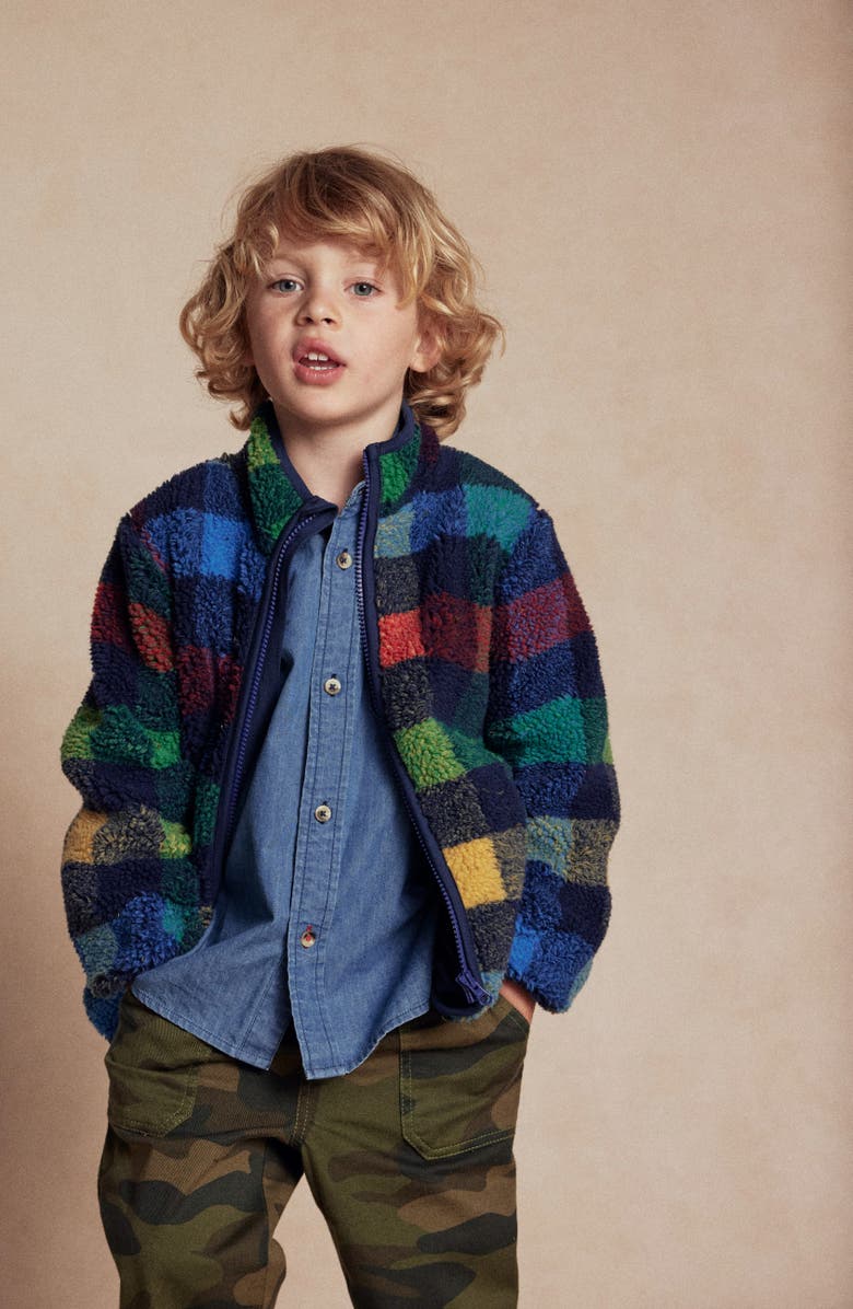 Mini Boden Kids' Cozy Fleece Jacket, Alternate, color, Navy Check