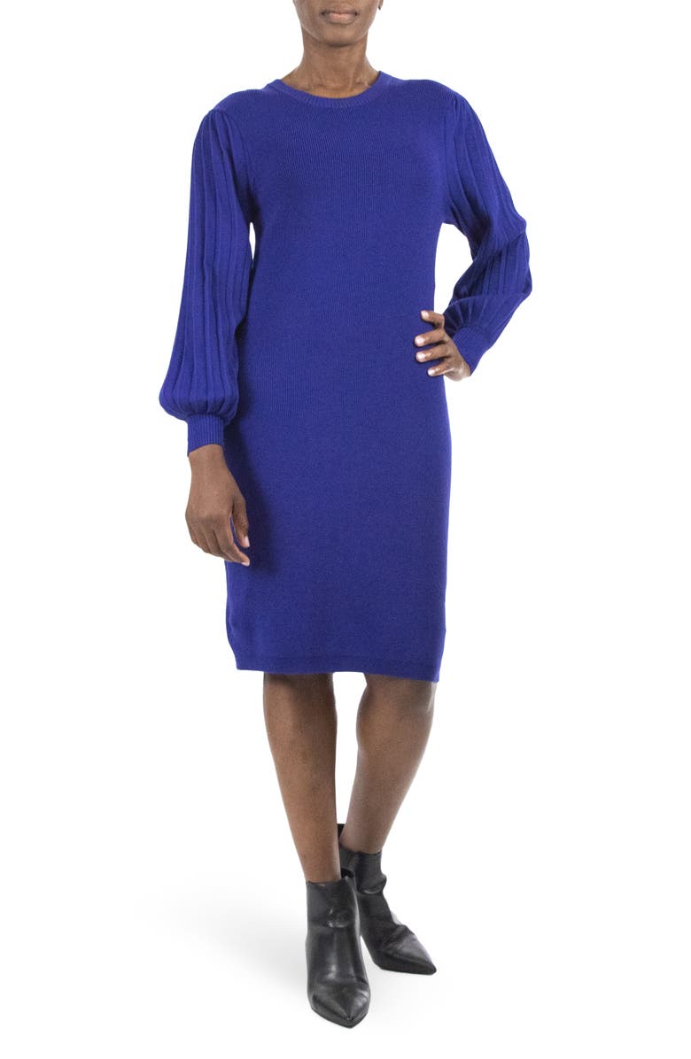 Nina Leonard Pleated Bubble Sleeve Sweater Dress, Main, color, Sapphire