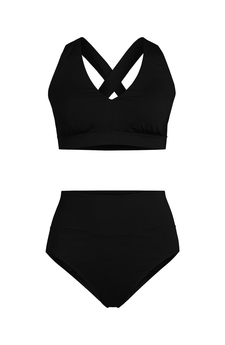 Lands' End Chlorine Resistant V-neck Midkini Swimsuit Top and High Leg High Waisted Bottoms 2 Piece Set, Alternate, color, Black