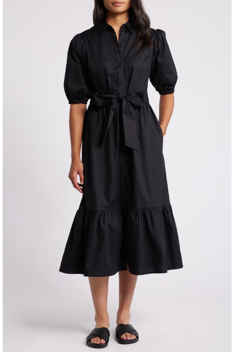 Puff Sleeve Stretch Cotton Shirtdress, Main, color, BLACK