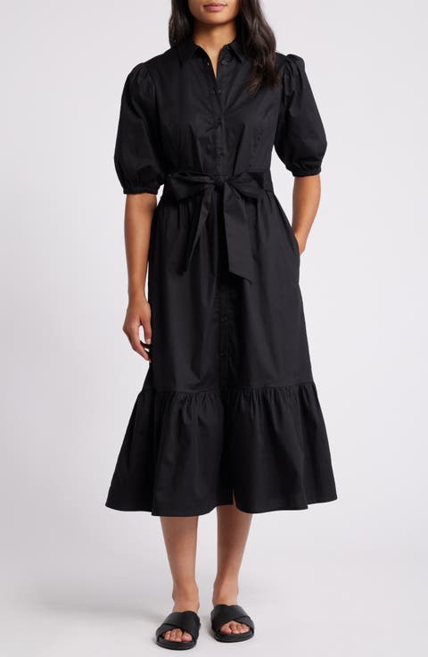 Puff Sleeve Stretch Cotton Shirtdress