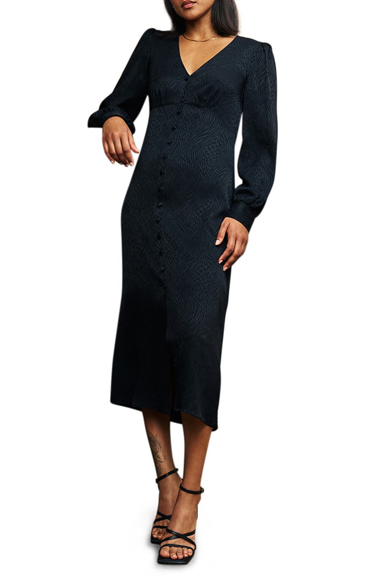 Tasha Long Sleeve Satin Midi Dress, Main, color, BLACK