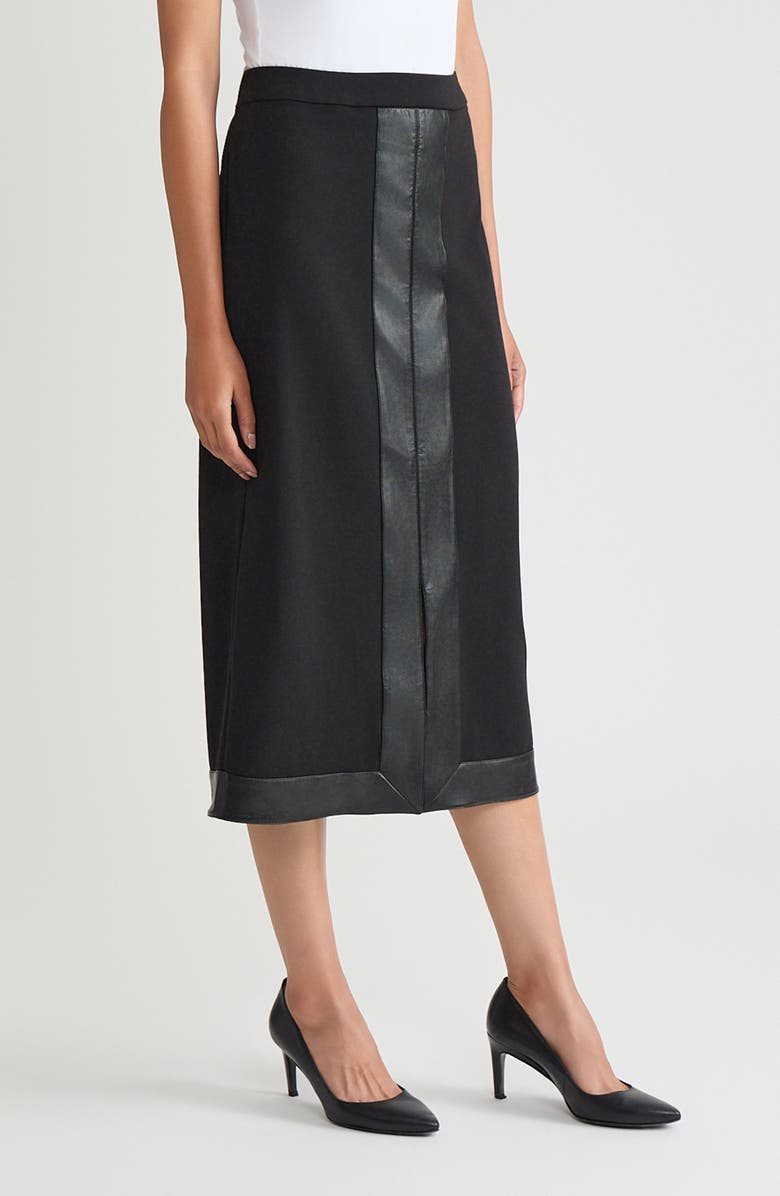 Ming Wang Faux Leather Trim Stretch Ponte Skirt, Alternate, color, Black