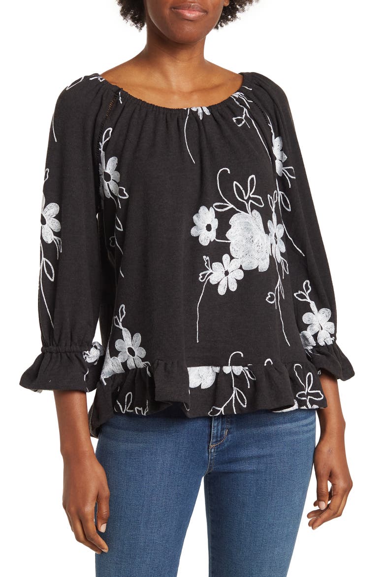 Peasant Embroidered Blouse, Main, color, BLACK/ WHITE