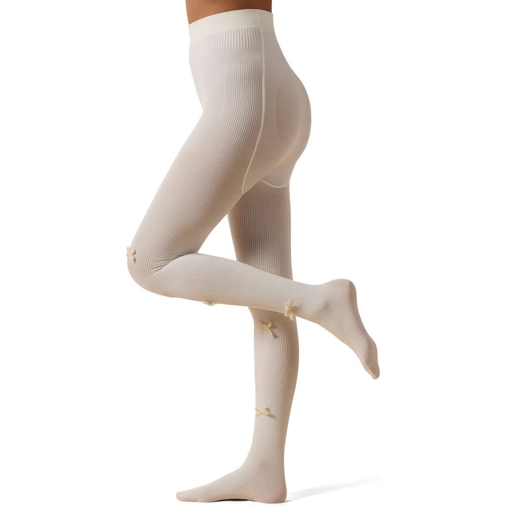 Memoi Velvet Bow Rib Cotton Tights In White