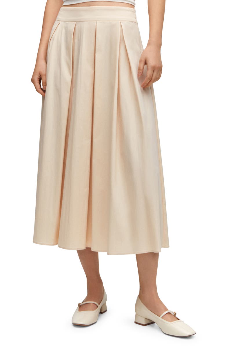MANGO Pleated Stretch Cotton Blend Midi Skirt, Main, color,