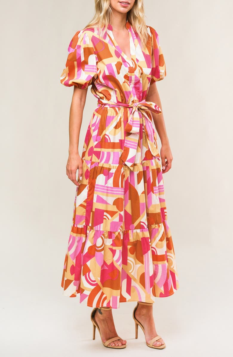 FLYING TOMATO Puff Sleeve Tiered Cotton Maxi Dress, Alternate, color, Camel Pink