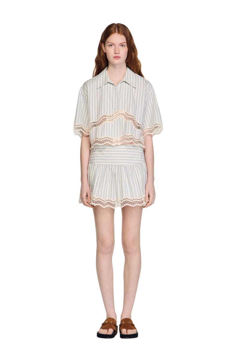 SANDRO Striped cotton skort, Main, color, Ecru / Bleu