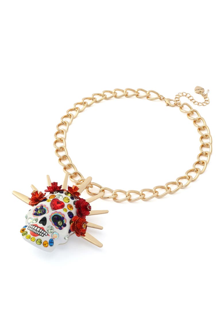 Sugar Skull Bride Crown Pendant Necklace, Alternate, color, RED