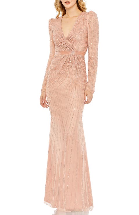 Sequined Wrap Over Long Sleeve Gown