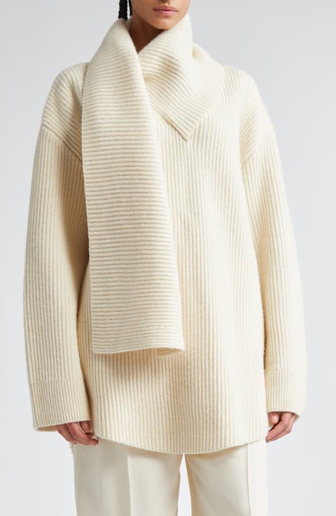 Draped Scarf Oversize Funnel Neck Wool Rib Sweater