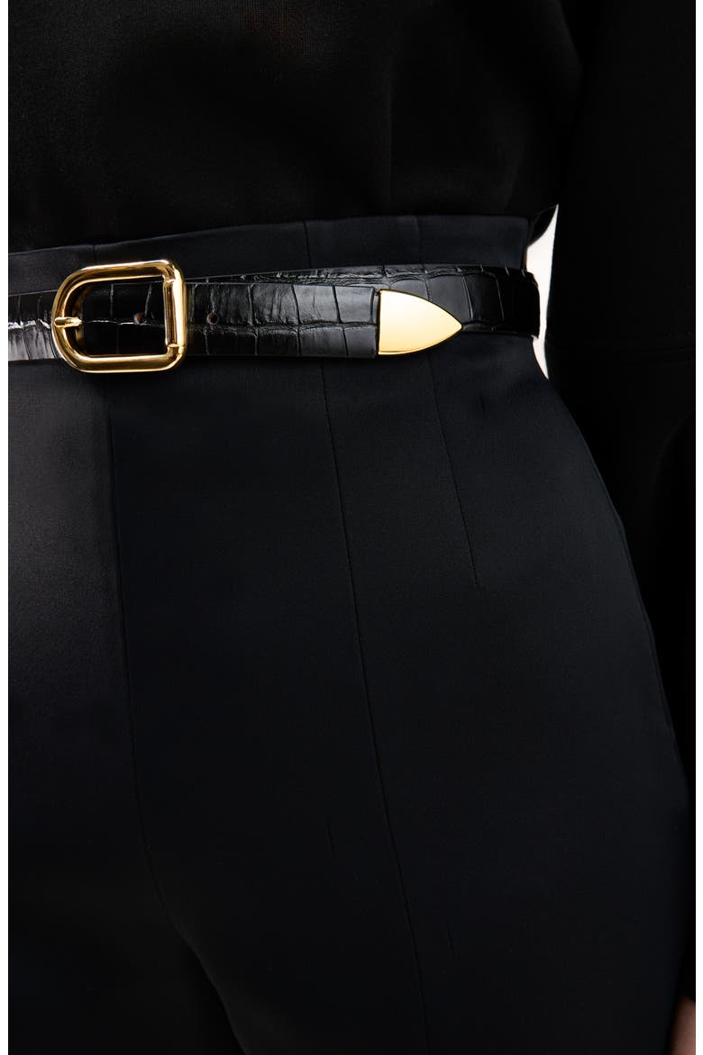 Mija Croc-Embossed Leather Belt, Alternate, color, BLACK CROCO/ GOLD