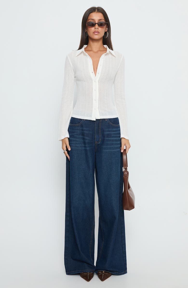 Princess Polly When You Sleep Textured Knit Button-Up Shirt, Alternate, color, White