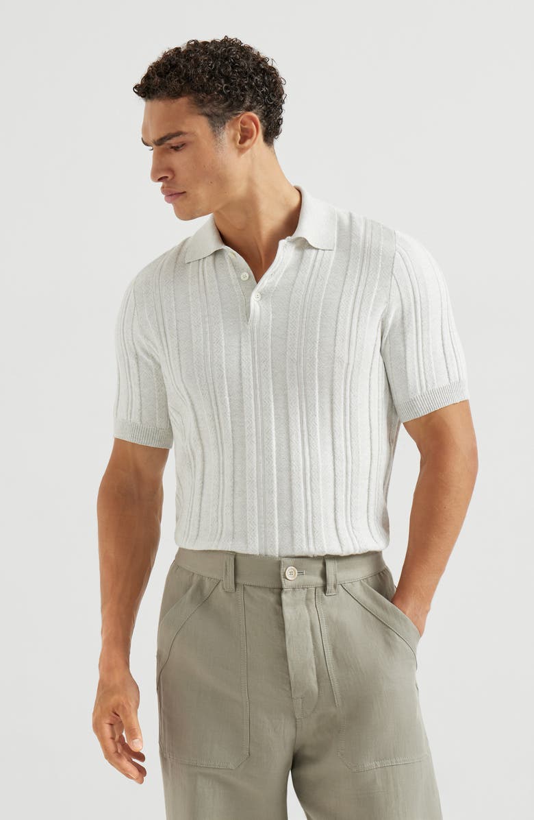 Brunello Cucinelli Jacquard knit polo shirt, Alternate, color, Fog