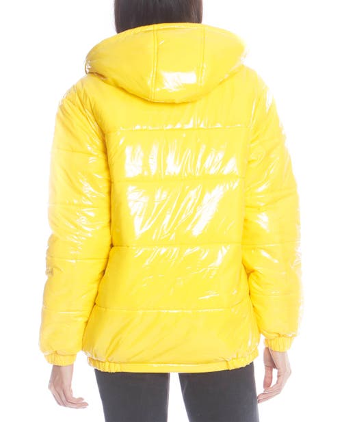 Members Only Women's Hi-shine Chevron Quilt Puffer With Nickelodeon Mashup Print Lining Jacket In Yellow