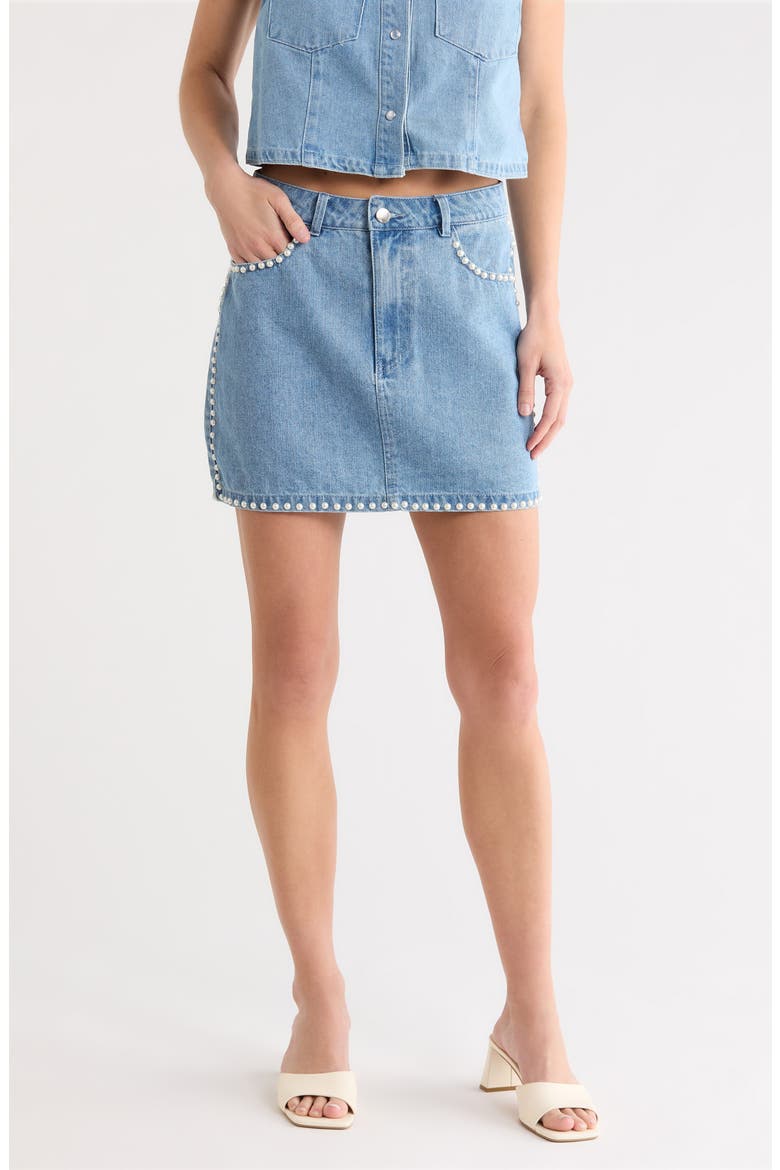 Pearly Stud Trim Denim Miniskirt, Main, color, LIGHT WASH