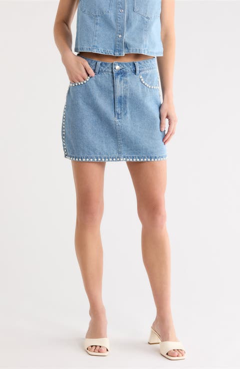 Pearly Stud Trim Denim Miniskirt