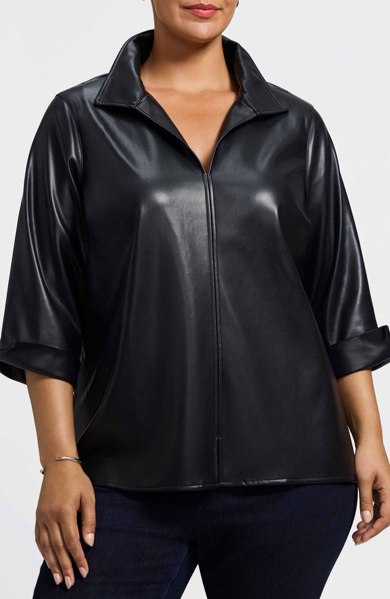 Foxcroft Agnes Faux Leather Long Sleeve Popover Top, Main, color, Black