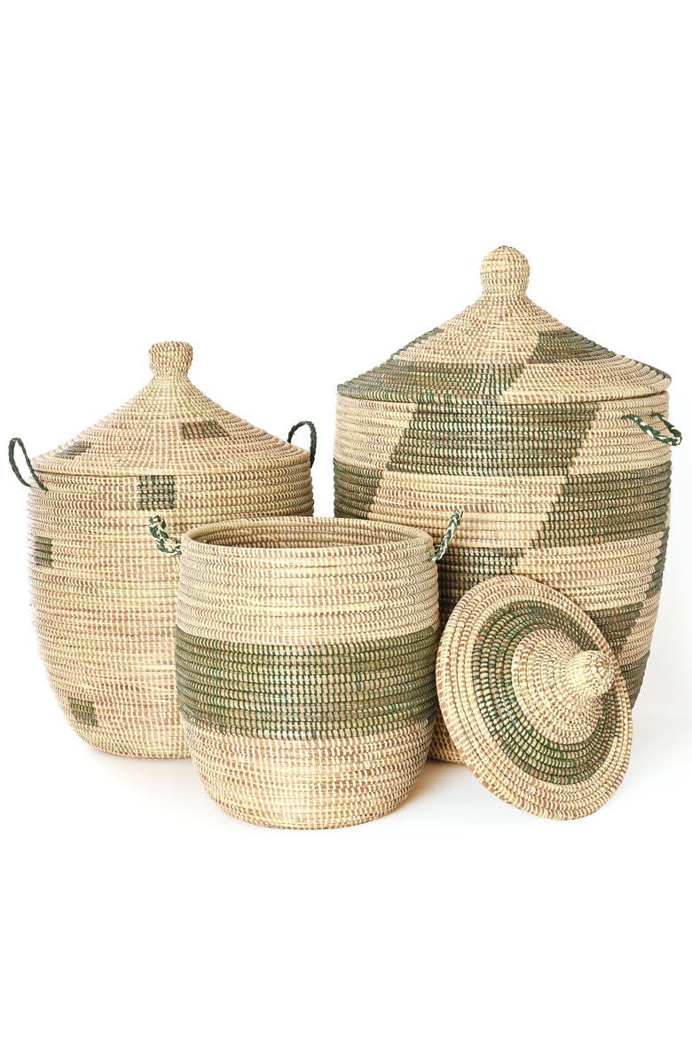 African Modern Set of Three Green and Cream Mixed Pattern Hampers, Alternate, color, Green And Cream