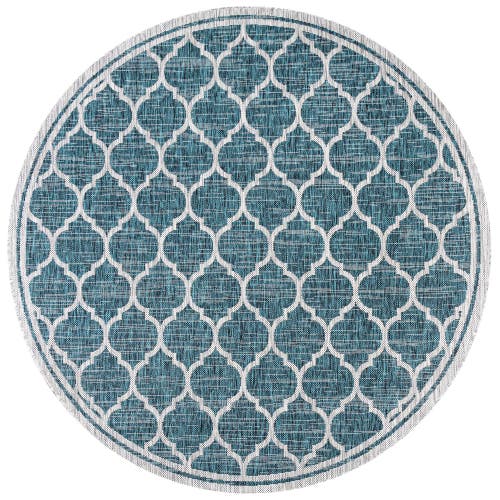 Jonathan Y Trebol Moroccan Trellis Textured Weave Indoor/outdoor Round Area Rug In Teal/gray