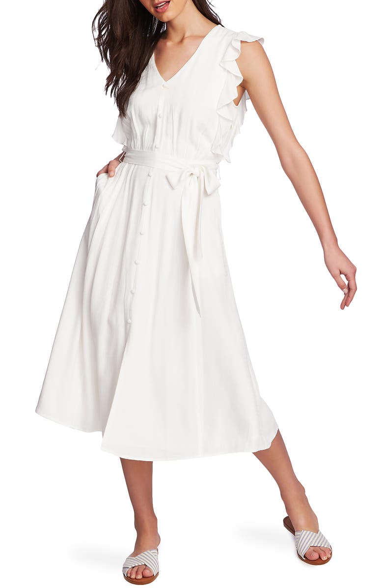 1.STATE Ruffle Tie Waist Midi Dress, Main, color, Soft Ecru