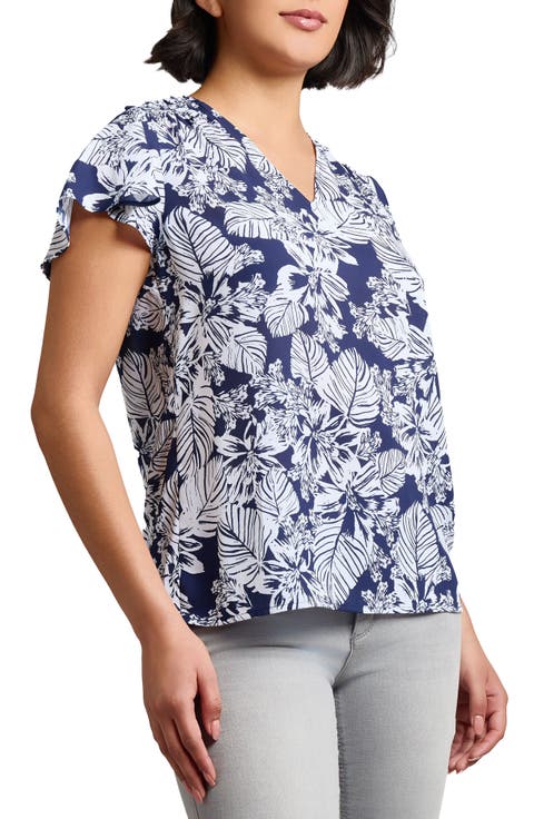 Jones New York Palm Print Flutter Sleeve Top