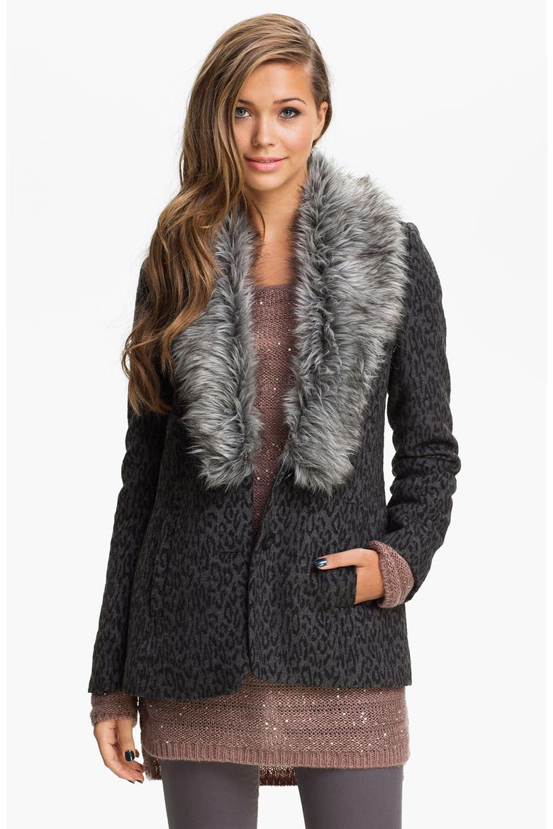 Faux Fur Lapel Leopard Print Coat, Main, color, LEOPARD BLEND BLACK