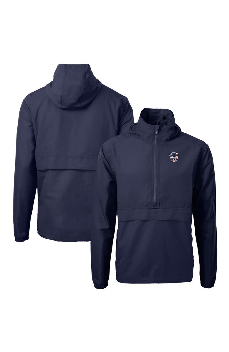 Cutter & Buck Men's Cutter & Buck  Navy Milwaukee Brewers Americana Logo Charter Eco Knit Recycled Anorak Half-Zip Jacket, Alternate, color, 