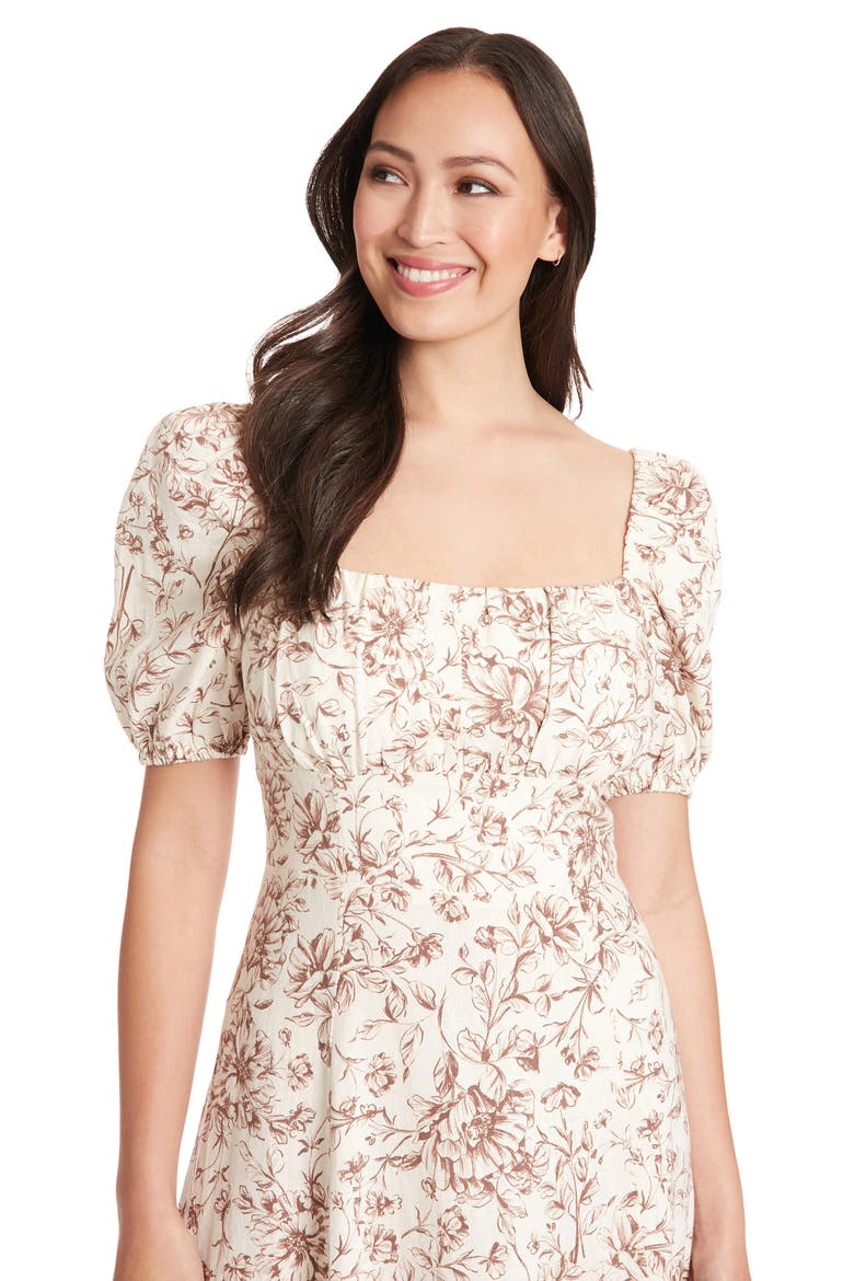 Puff Sleeve Midi Dress, Alternate, color, IVORY/ BROWN