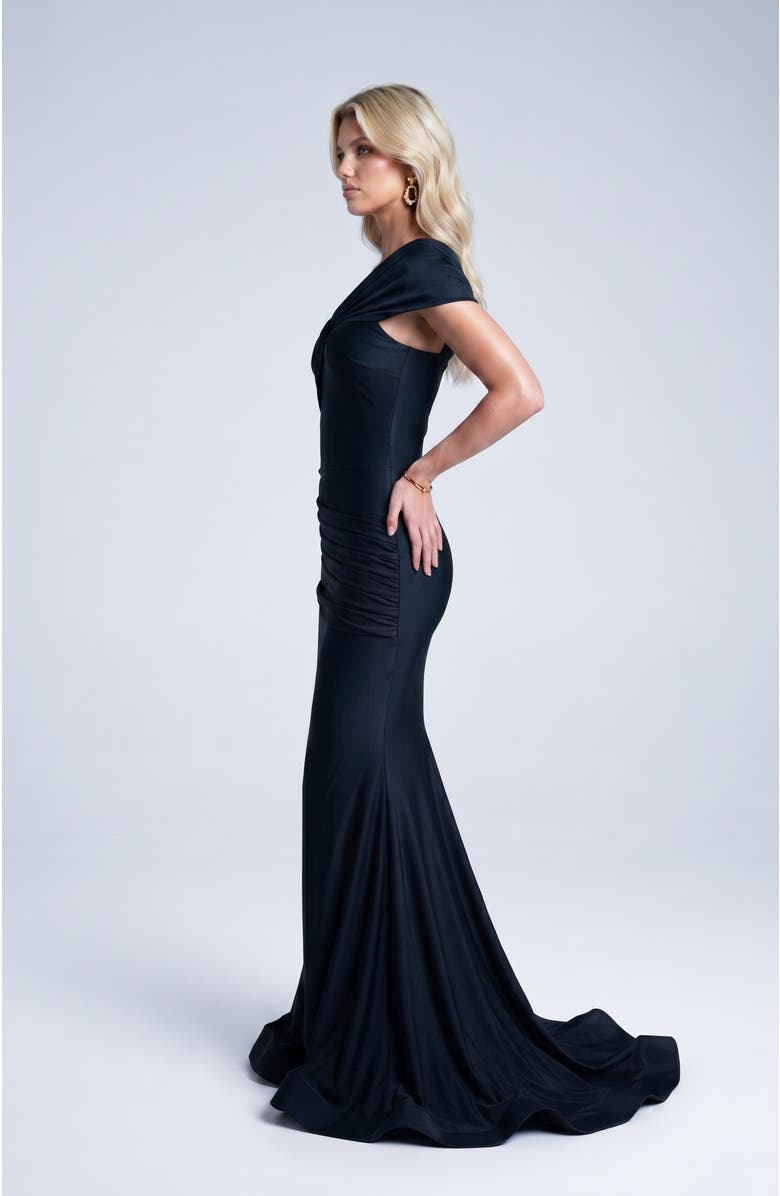 Jessica Angel One Shoulder Twist Ruched Mermaid Evening Gown, Alternate, color, Black
