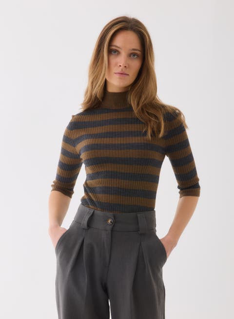 Merino Superfine Rib Knit Stripe Turtleneck