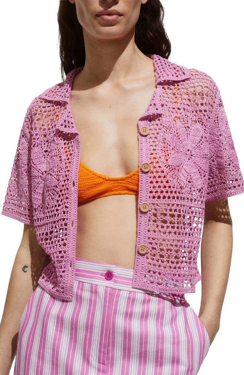 MANGO Nusa Crochet Stitch Short Sleeve Cardigan, Main, color, Purple