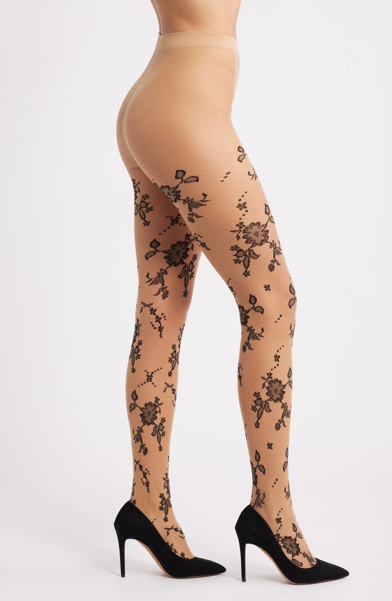 HIGH HEEL JUNGLE Floral Jacquard Sheer Tights, Main, color, Nude
