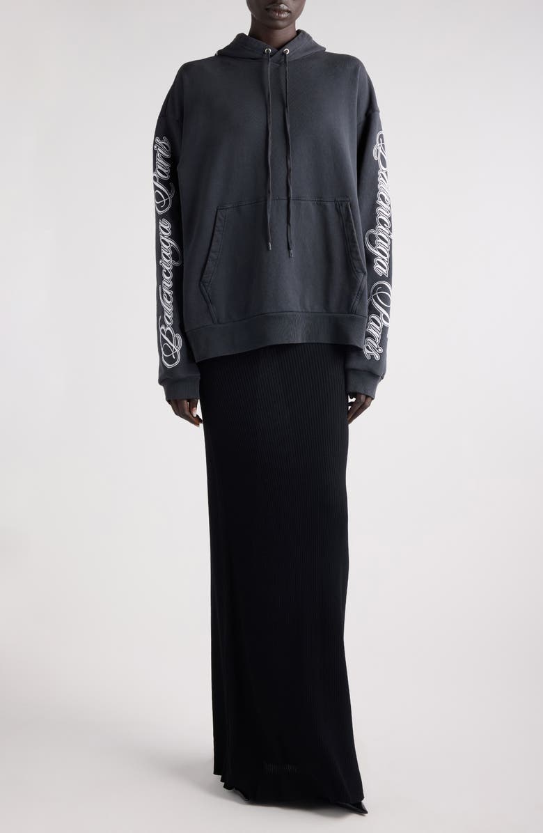 Balenciaga Oversize Logo Cotton Hoodie, Alternate, color, 6552 Washed Black 2/ White