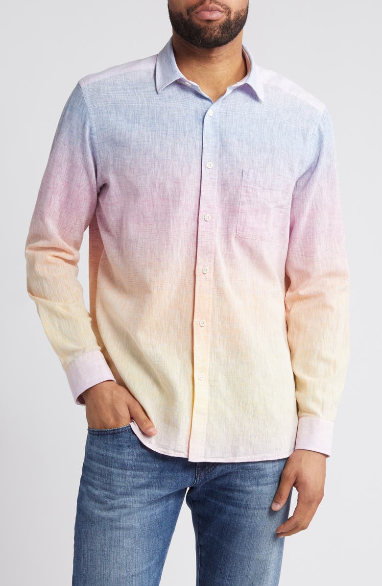 Johnston & Murphy Ombré Cotton & Linen Button-Up Shirt, Main, color,