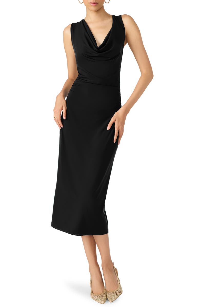 Steve Madden Kalin Asymmetric Cowl Neck Midi Dress, Main, color, Black