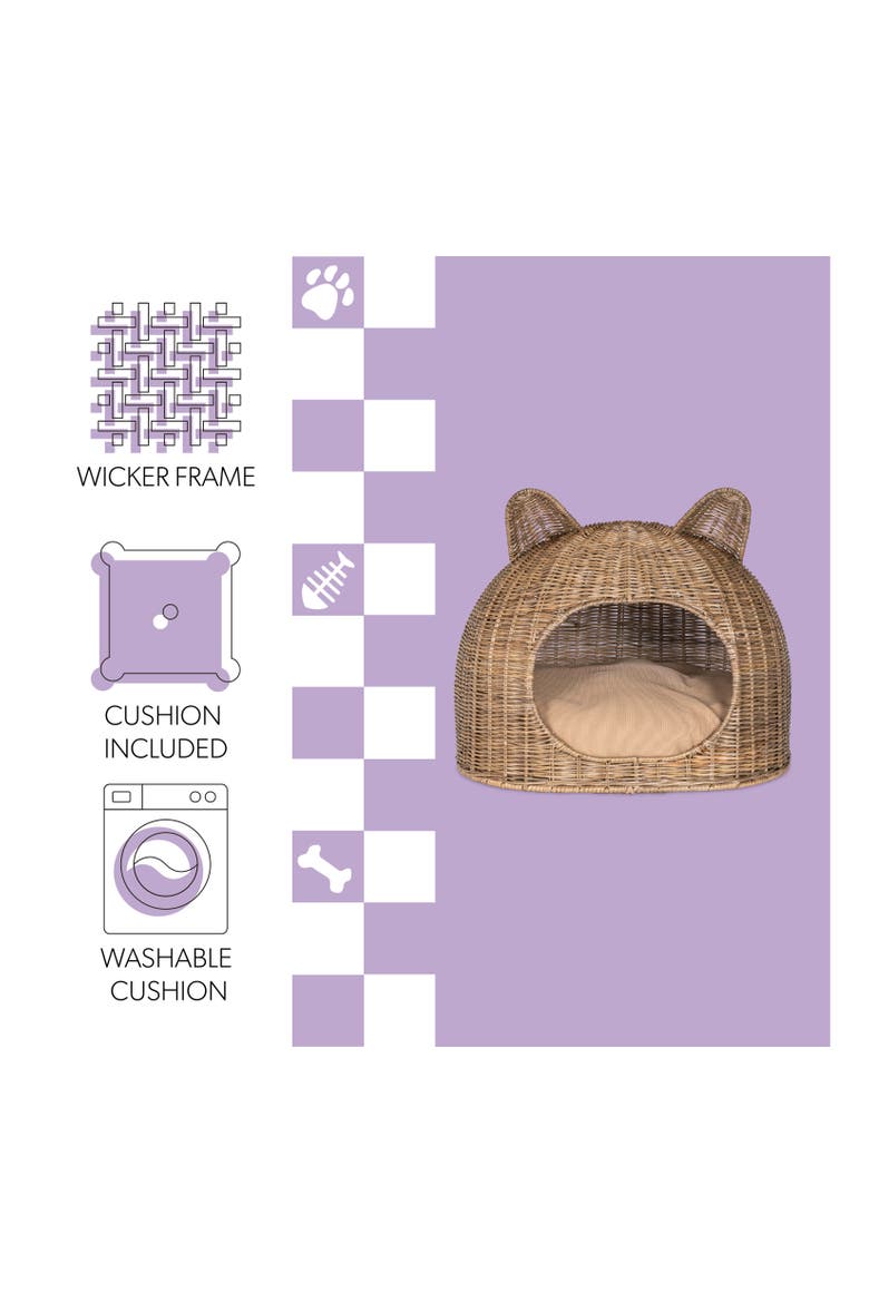 Cat Ear Water Hyacinth Pet Bed with Machine-Washable Cushion, Alternate, color, Natural