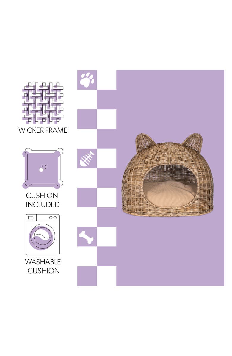 The Licker Store Cat Ear 20" x 14.5" Coastal Handwoven Rattan Pet Bed with Machine-Washable Cushion, Alternate, color, Natural
