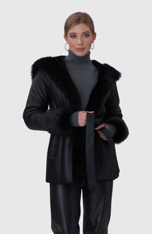 Gorski Belted Shearling Lamb Hooded Jacket With Toscana Trim And Cuffs In Black