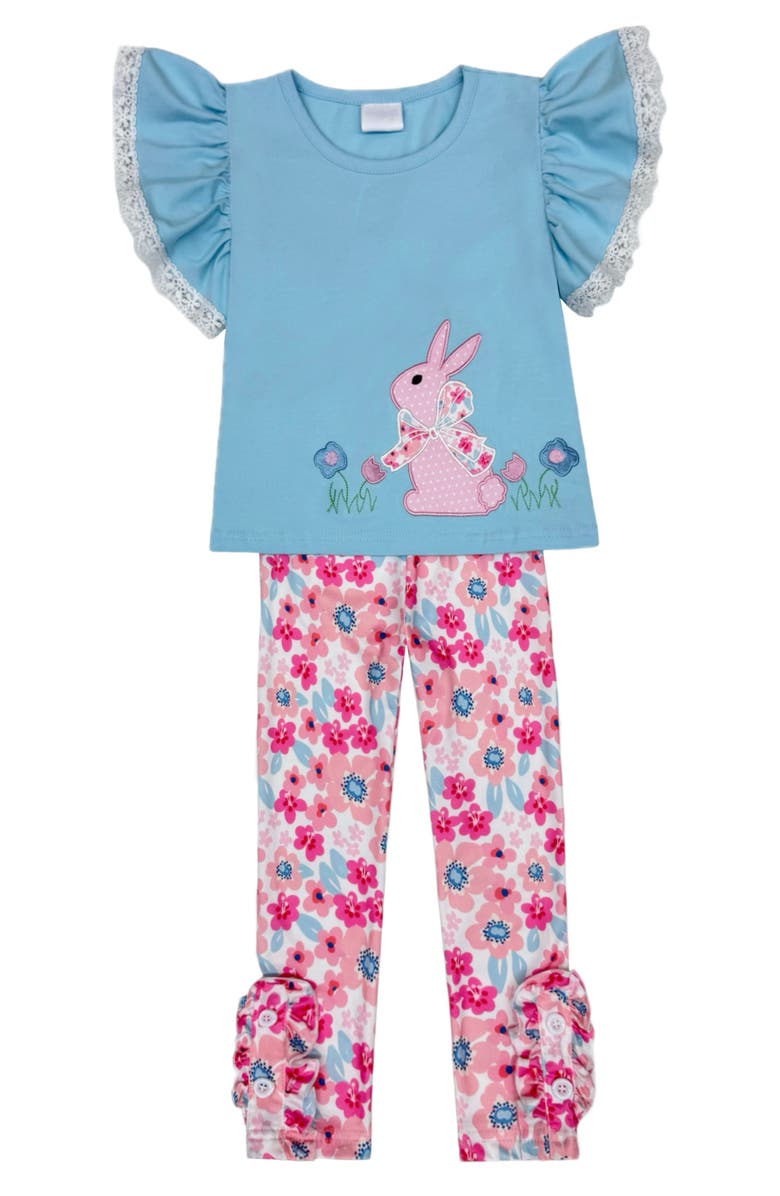 Mia Belle Girls Girls Bunny Bliss Flutter Top and Floral Legging Set, Main, color, Blue