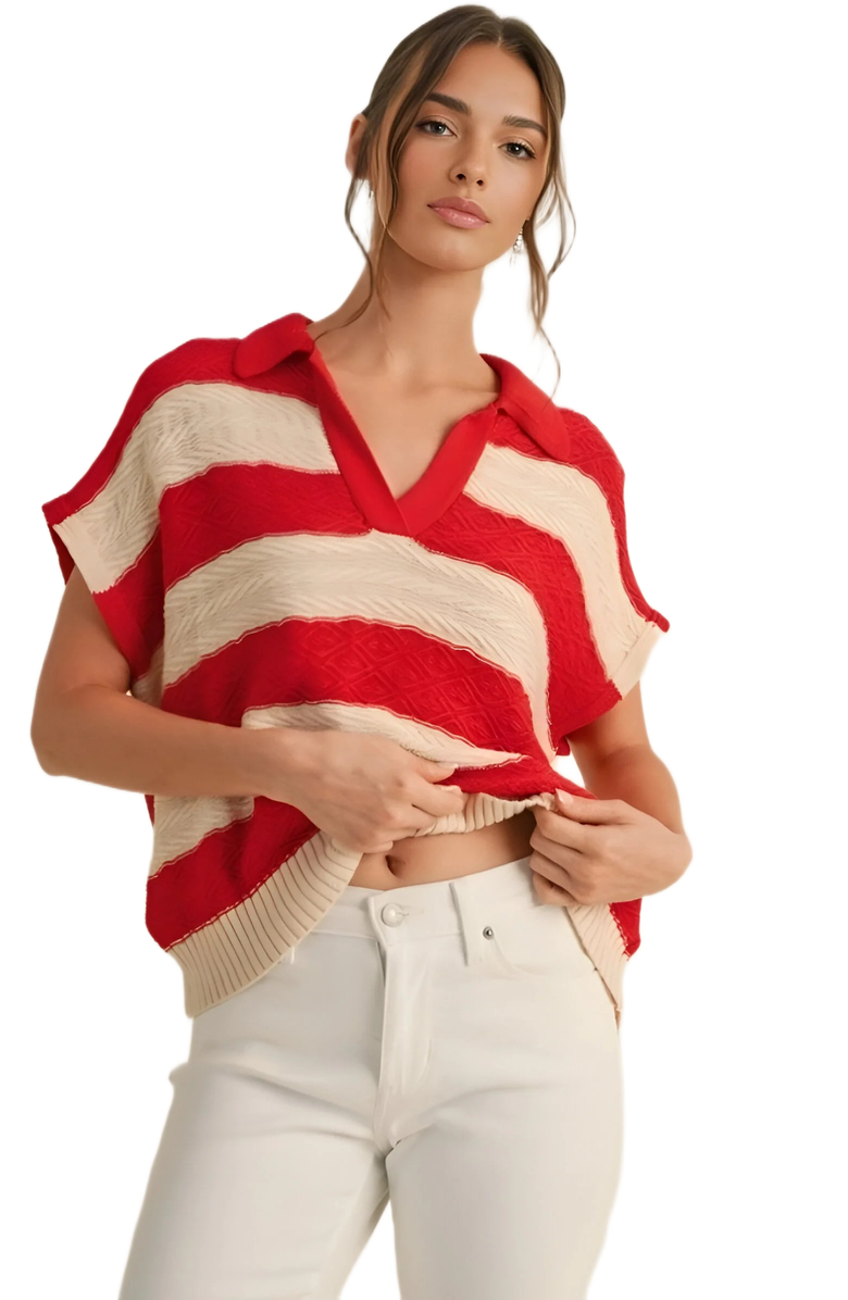 Knit and Lounge Striped Knit Polo Top, Main, color, Red / Cream Striped