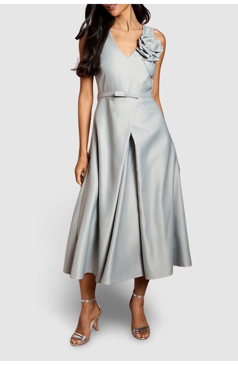 Coast Structured Satin 3D Corsage Midi Dress, Alternate, color, Silver