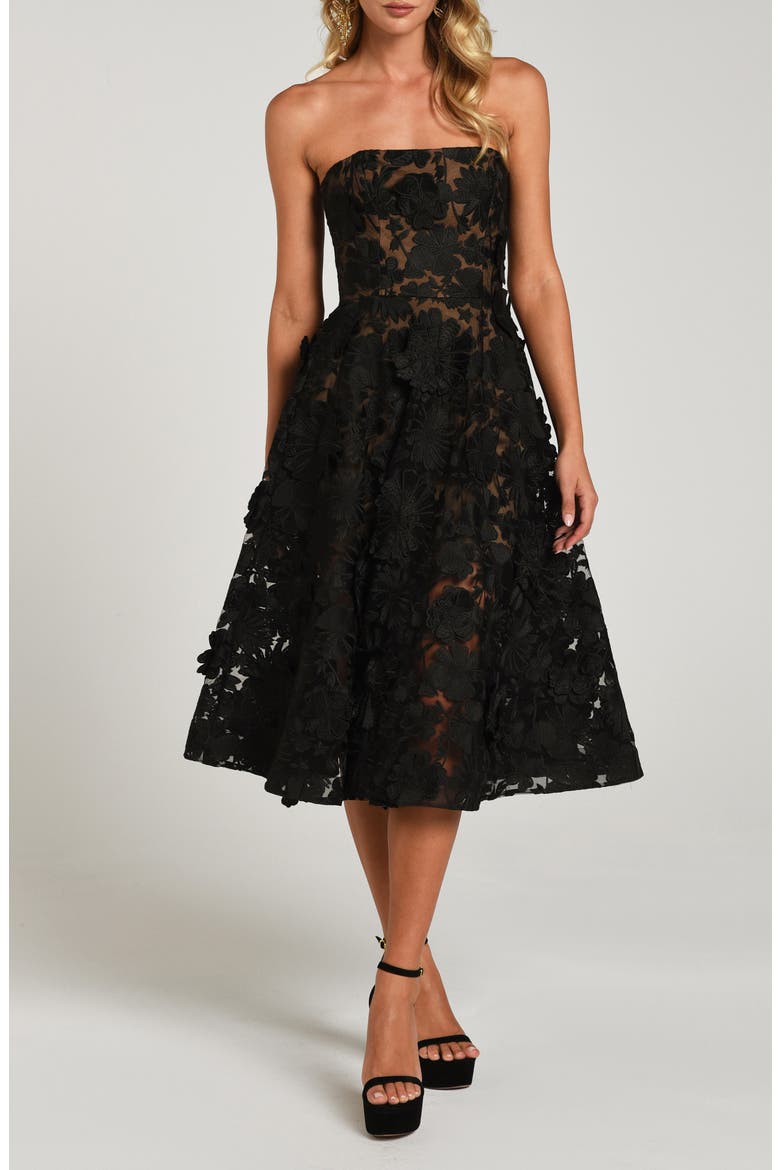 Florence Floral Appliqué Strapless Midi Dress, Main, color, BLACK