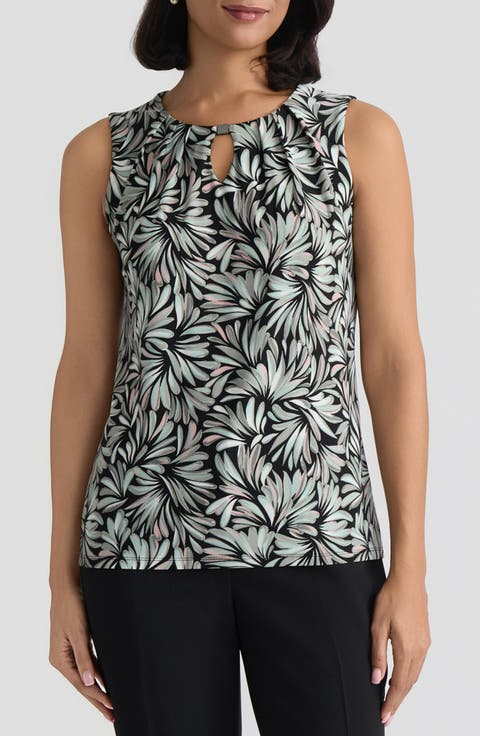 Print Pleat Neck Sleeveless Top