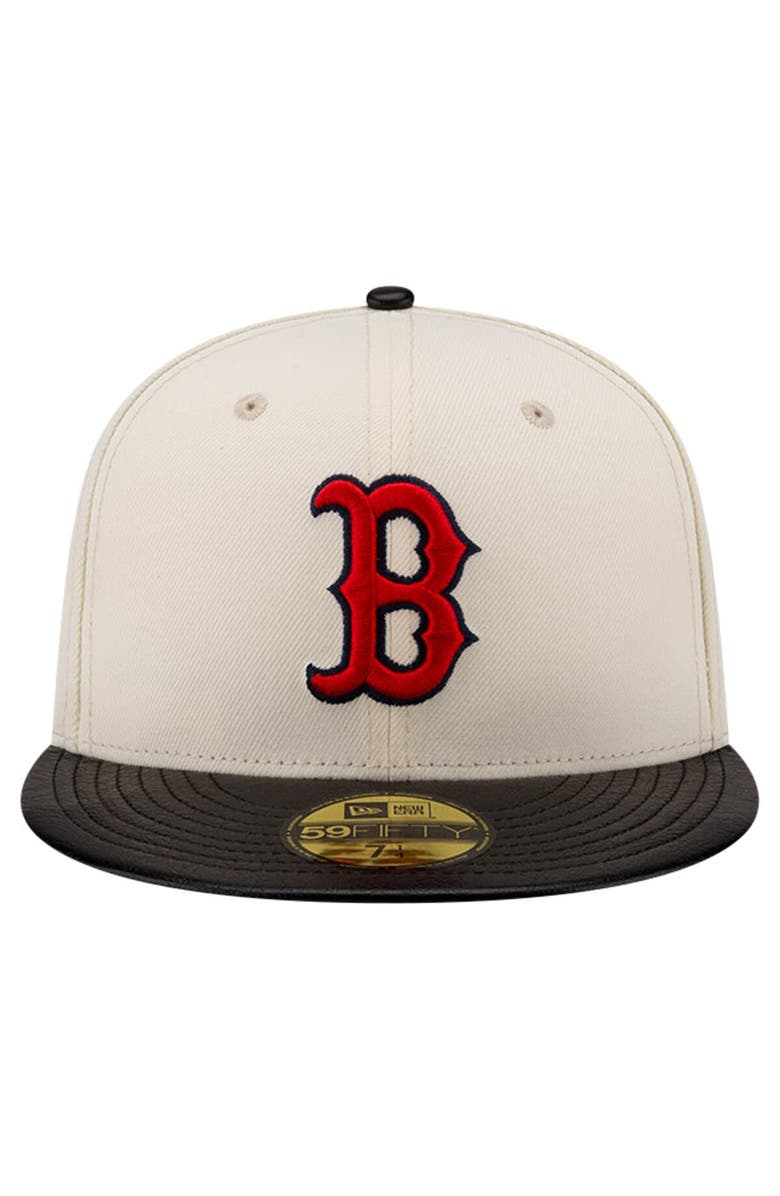 New Era Men's New Era Cream Boston Red Sox Game Night Leather Visor 59FIFTY Fitted Hat, Alternate, color,