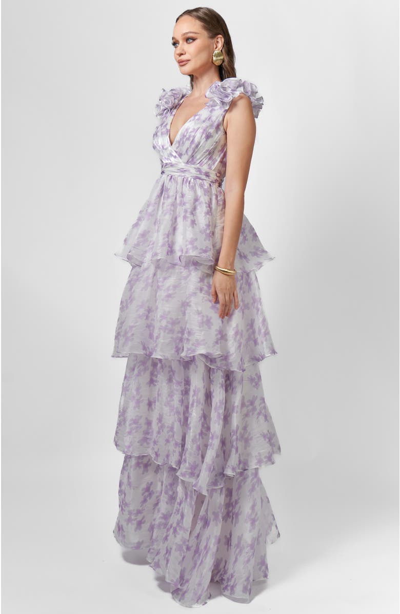 Bariano Violeta Tiered Print Gown, Alternate, color, Lilac Print